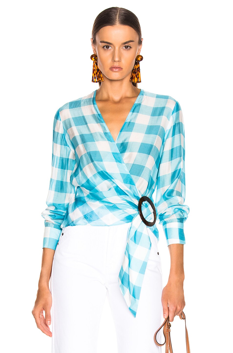 Image 1 of ADRIANA DEGREAS Vichy Cross Front Shirt With Hoop in Blue & White