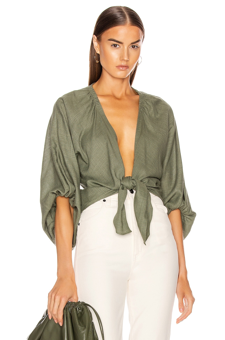 Image 1 of ADRIANA DEGREAS Linen Solid Voluminous Sleeve Shirt in Green