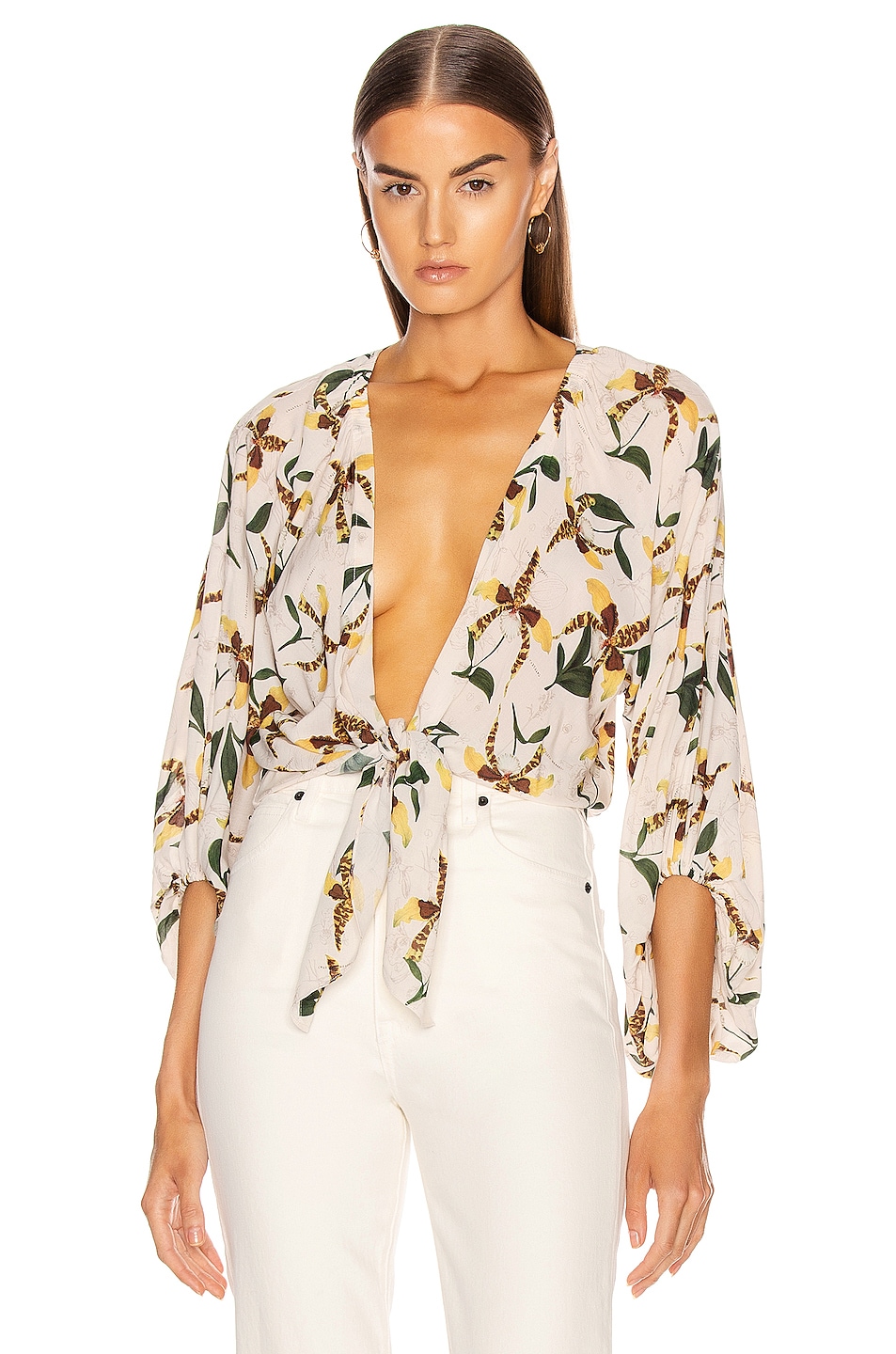 Image 1 of ADRIANA DEGREAS Leopard Orchid Shirt With Voluminous Sleeves in Off White