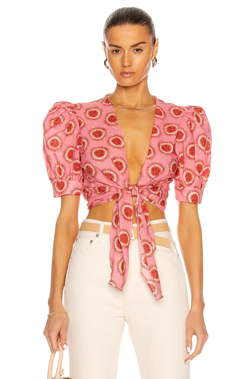 Image 1 of ADRIANA DEGREAS Exotic Passion Puff Sleeved Cropped Top in Pink