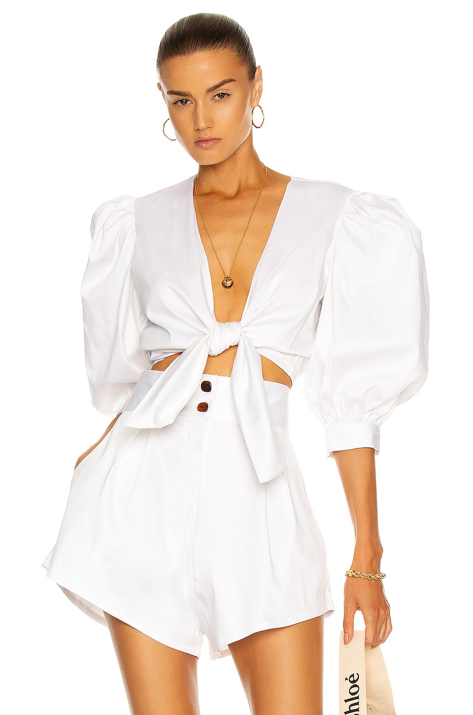 Image 1 of ADRIANA DEGREAS Solid Puff-Sleeved Cropped Blouse in White