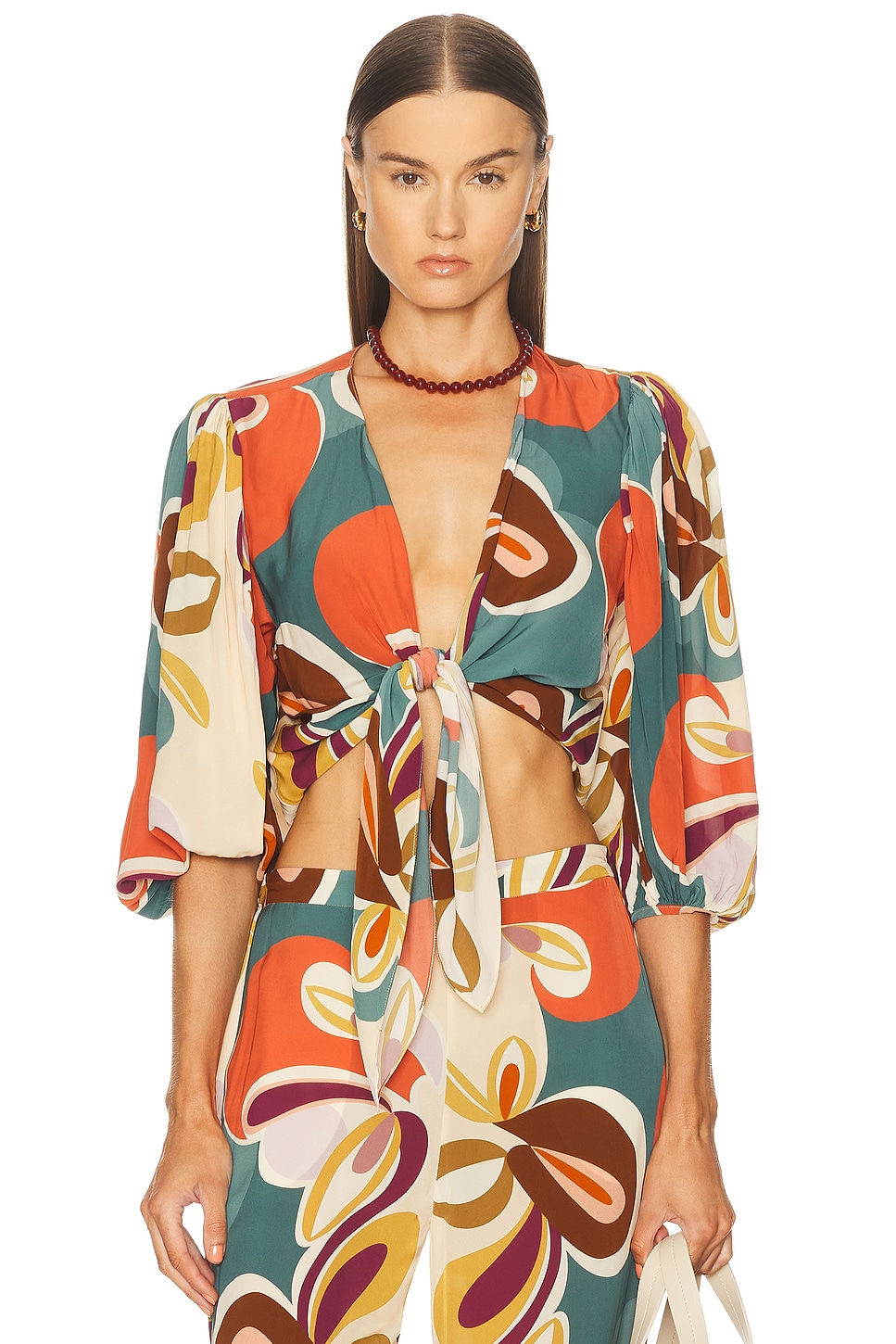 Organic Floral Puff Sleeved Blouse in Orange,Teal