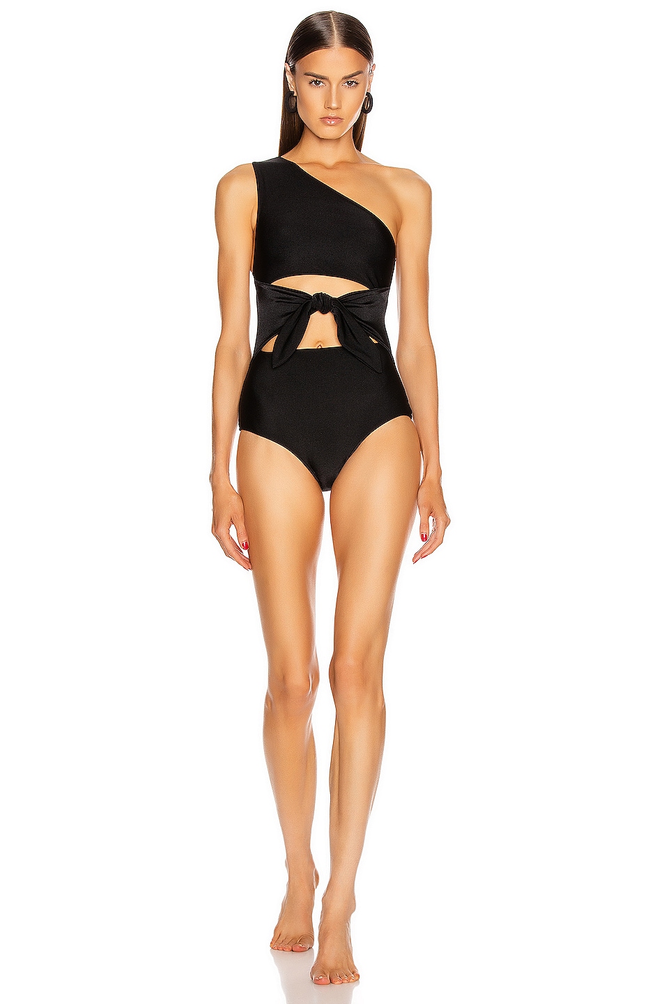 Image 1 of ADRIANA DEGREAS Tulip One Shoulder Swimsuit With Knot in Black