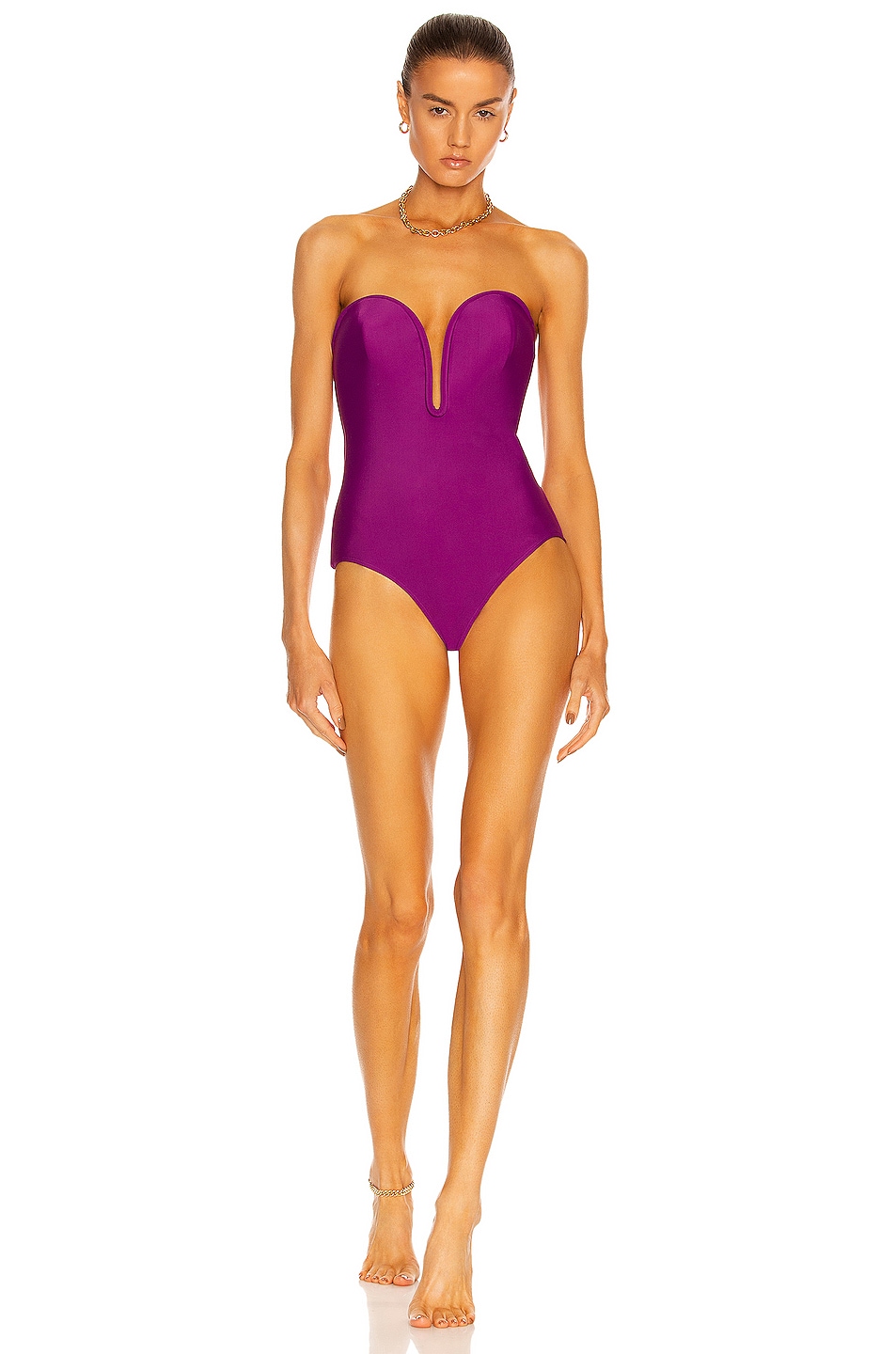 Image 1 of ADRIANA DEGREAS Solid Deep V Swimsuit in Fuchsia