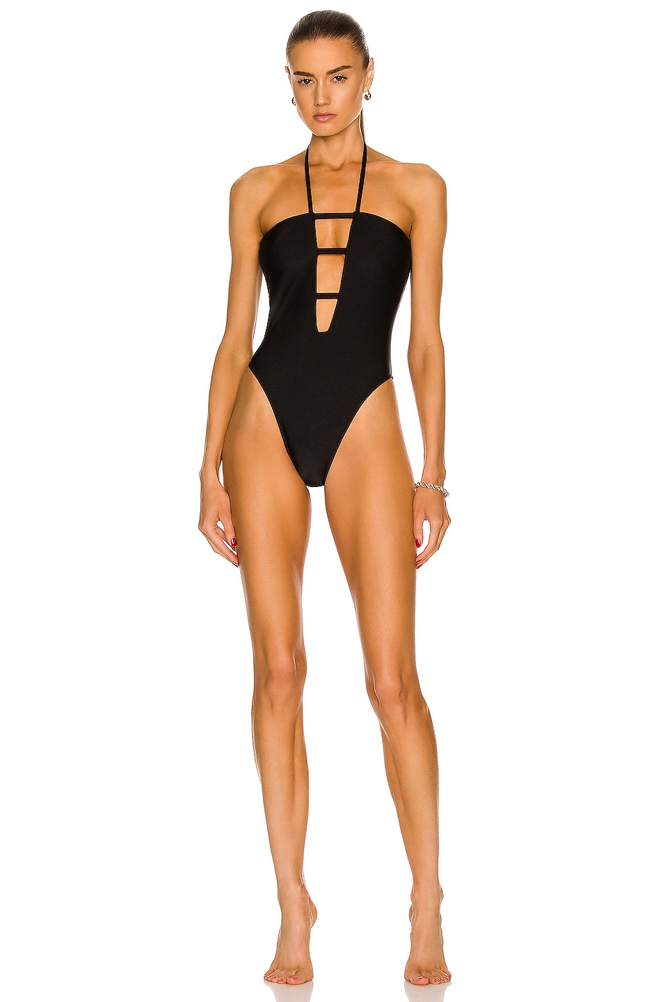 Image 1 of ADRIANA DEGREAS Solid High Leg Halterneck Swimsuit in Black