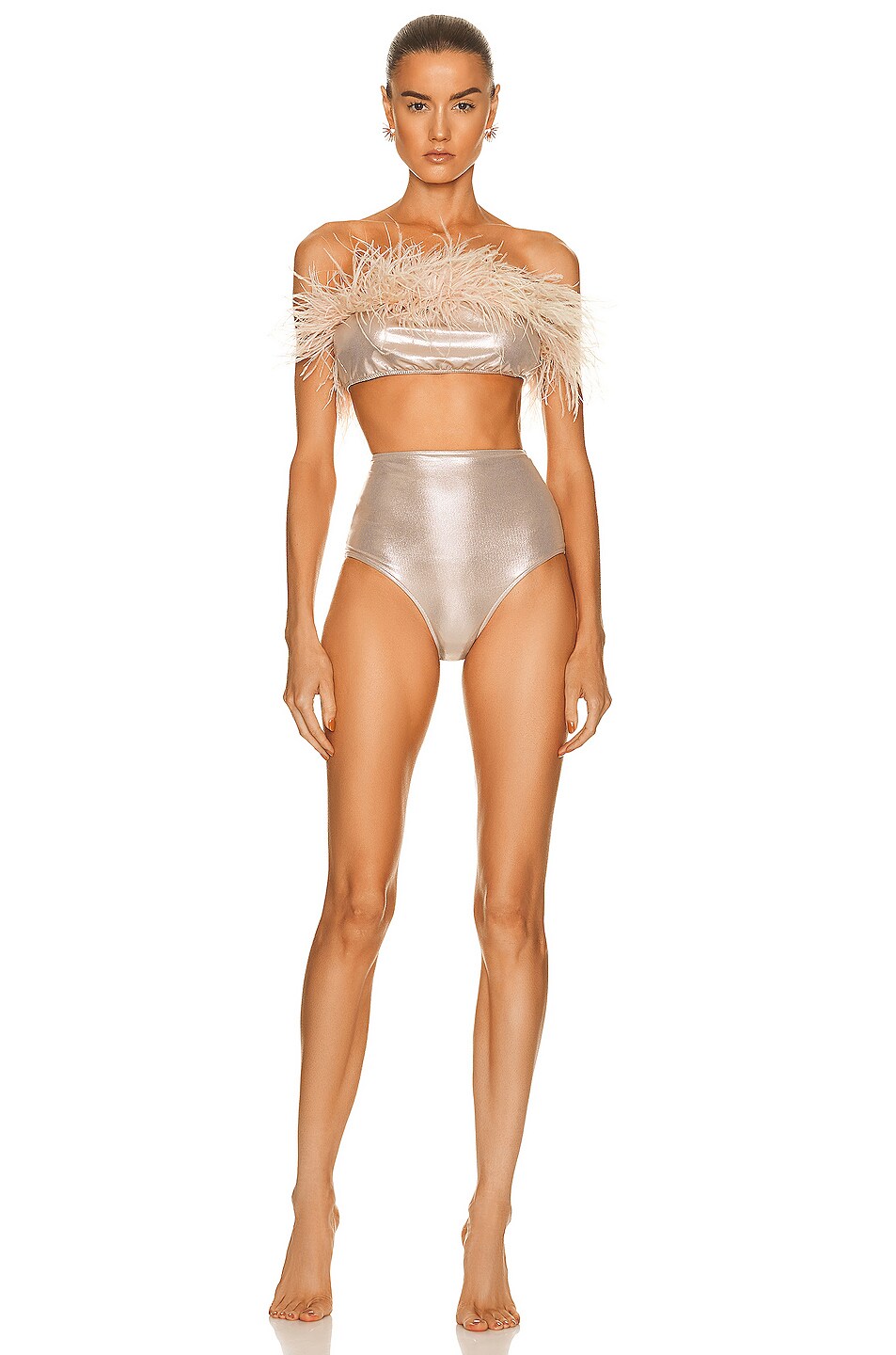 Image 1 of ADRIANA DEGREAS Metallic High-Waisted Strapless Bikini Set With Feathers in Golden