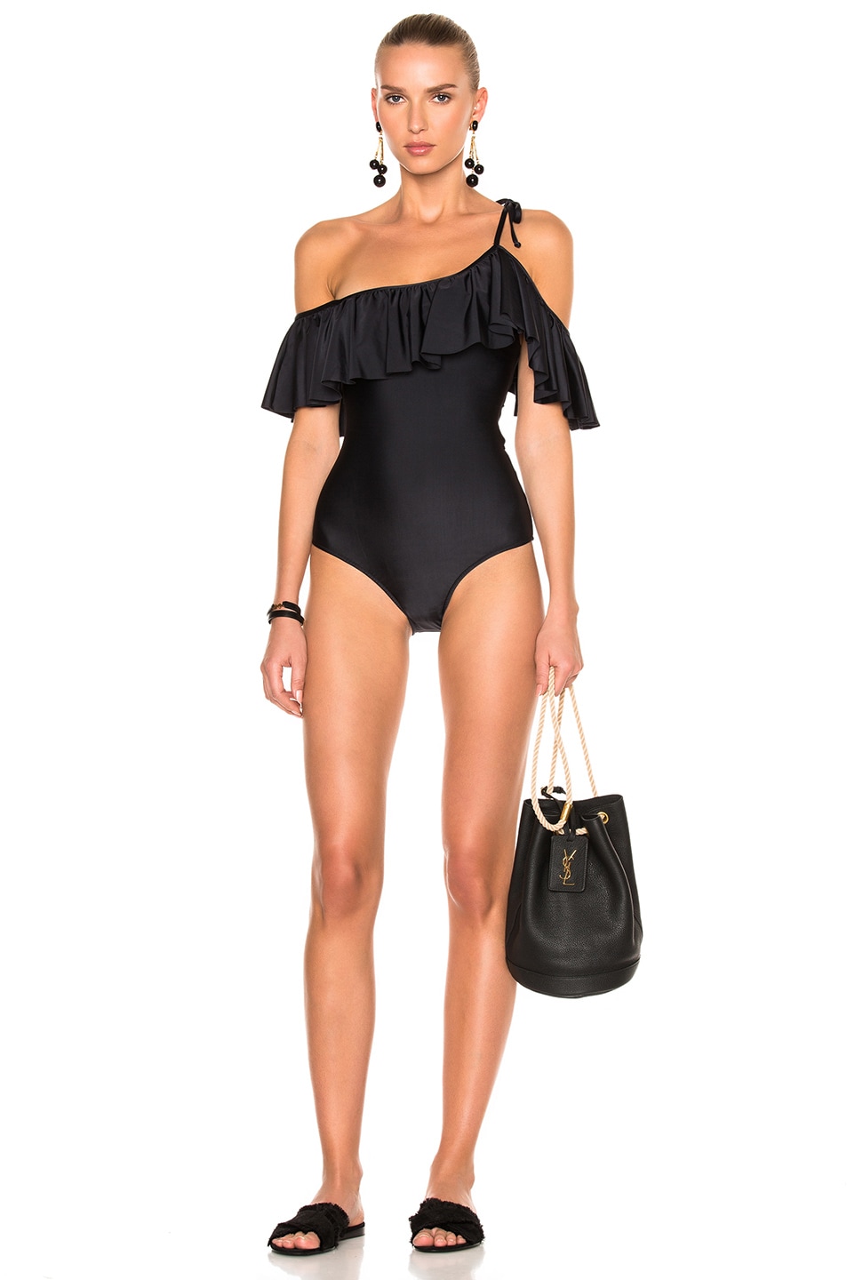 Image 1 of ADRIANA DEGREAS Solid One Shoulder Swimsuit in Black