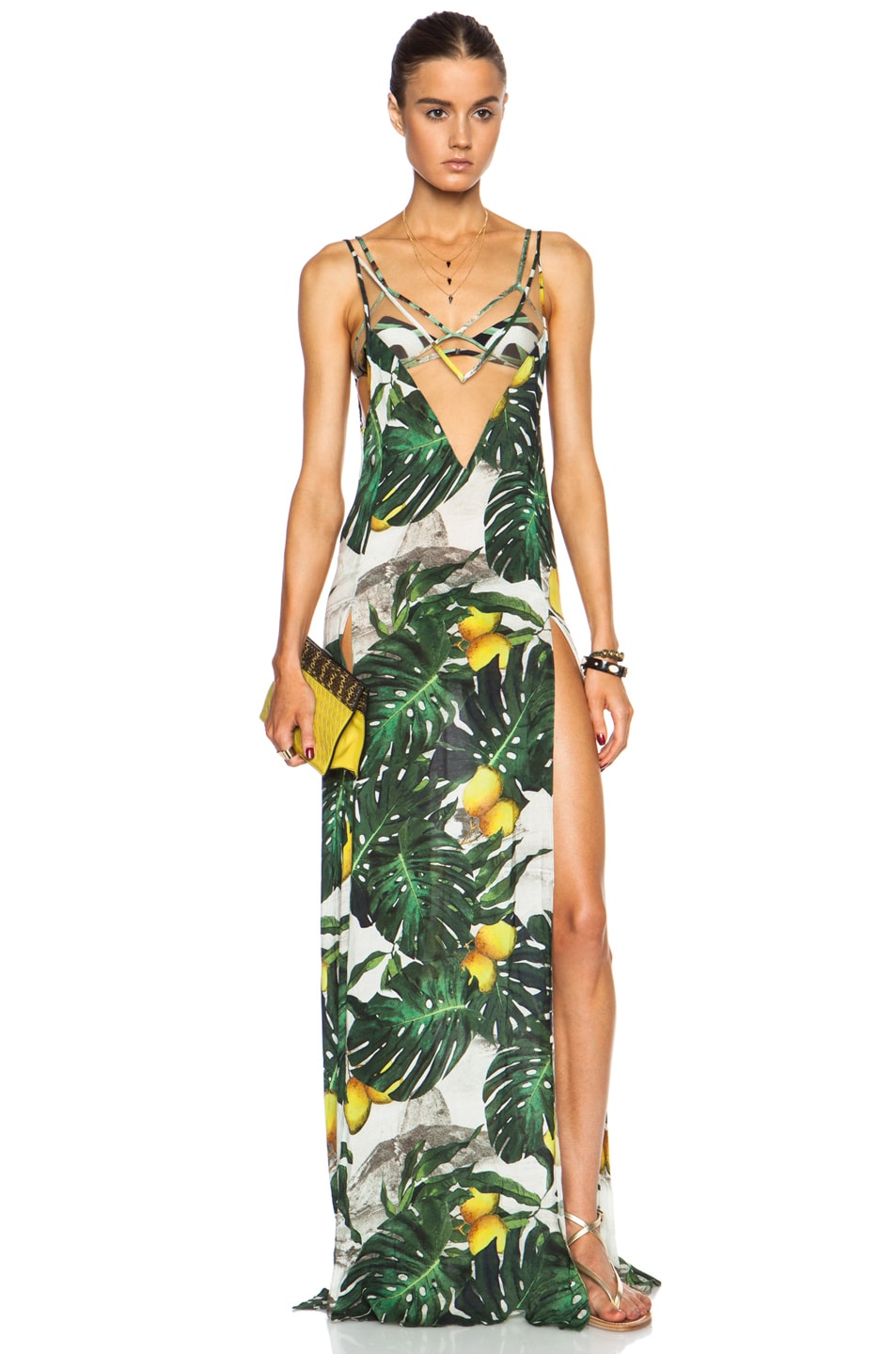 Image 1 of ADRIANA DEGREAS Tropical Costela Print Viscose Dress in Green