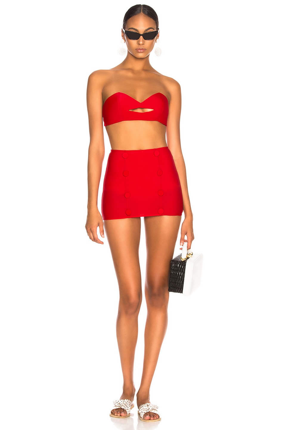 Image 1 of ADRIANA DEGREAS x Charlotte Olympia Pin Up Kiss Hot Pants With Buttons Swimsuit in Red