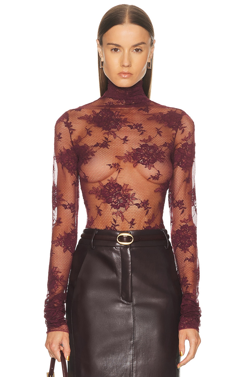 Image 1 of The Andamane Ziggy Lace Turtleneck Bodysuit in Cabernet