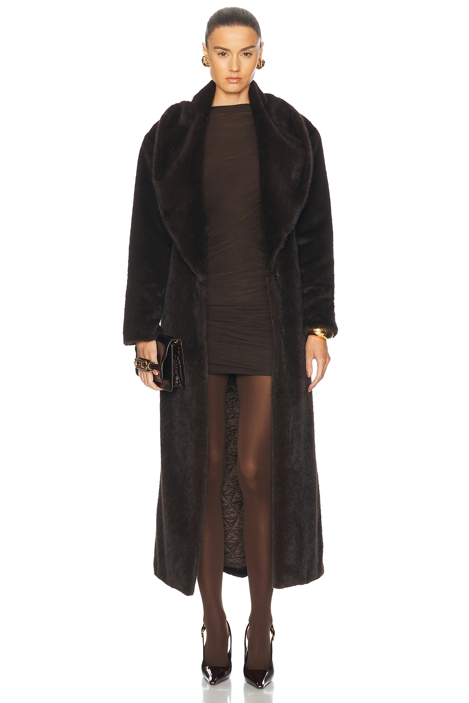 Faux Fur Long Line Belted Coat in Chocolate