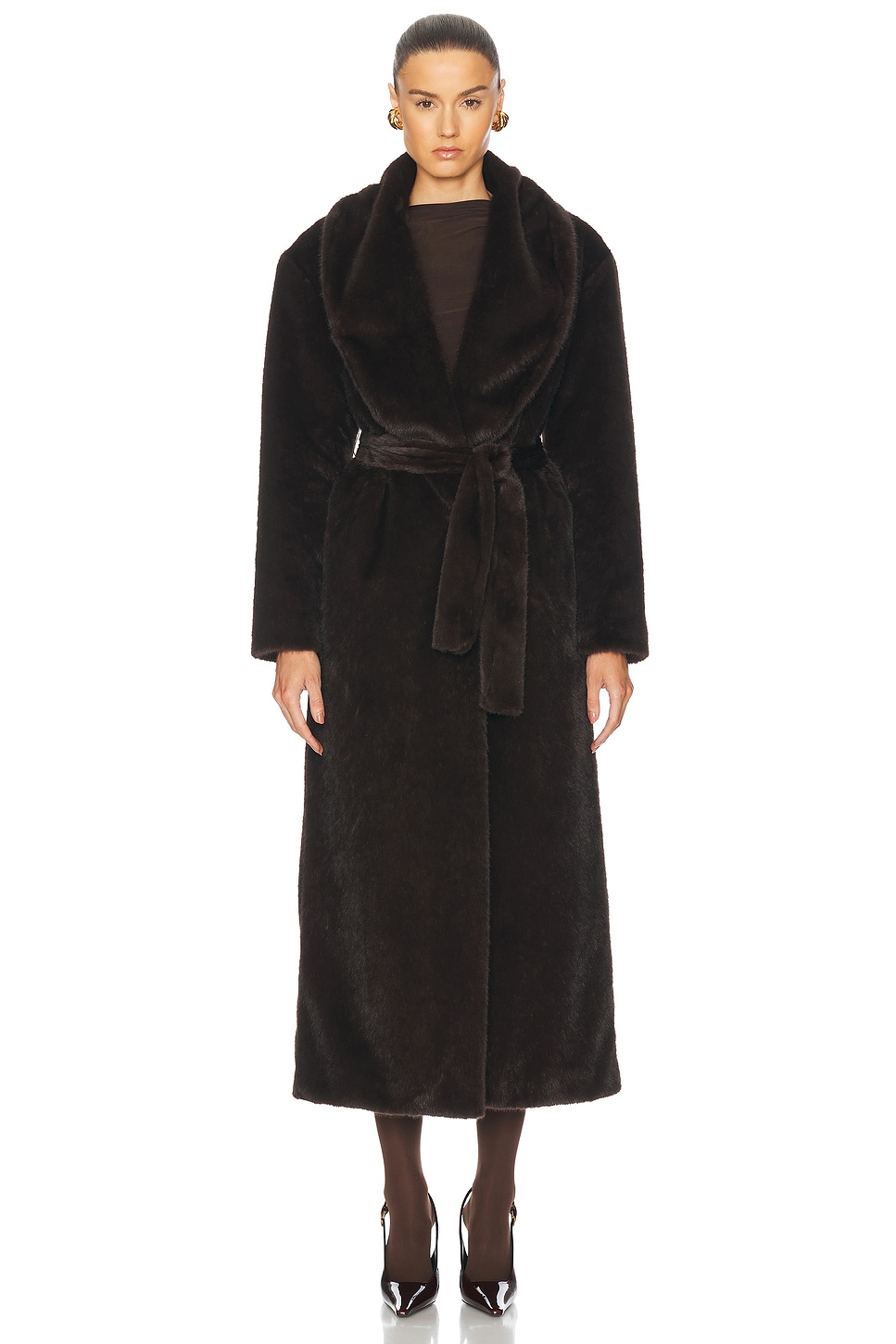 AEXAE FAUX FUR LONG LINE BELTED COAT 