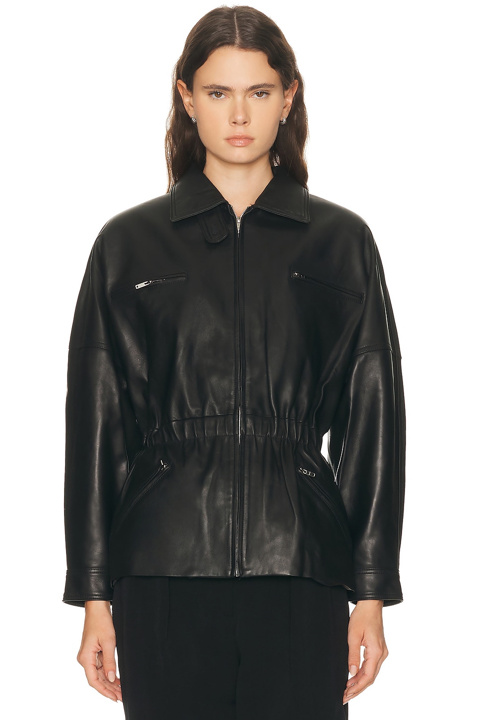 Aexae Leather Cinched Mid Jacket In Black