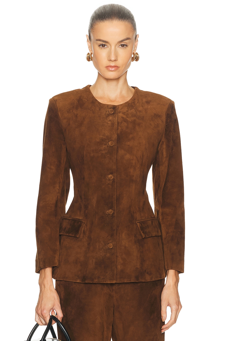 Image 1 of AEXAE Leather Suede Padded Contour Blazer in Suede Honey Brown