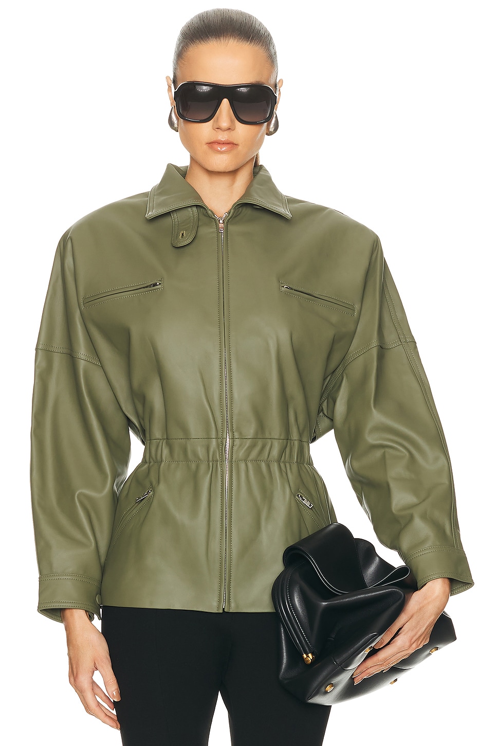 Aexae Leather Cinched Mid Jacket In Green