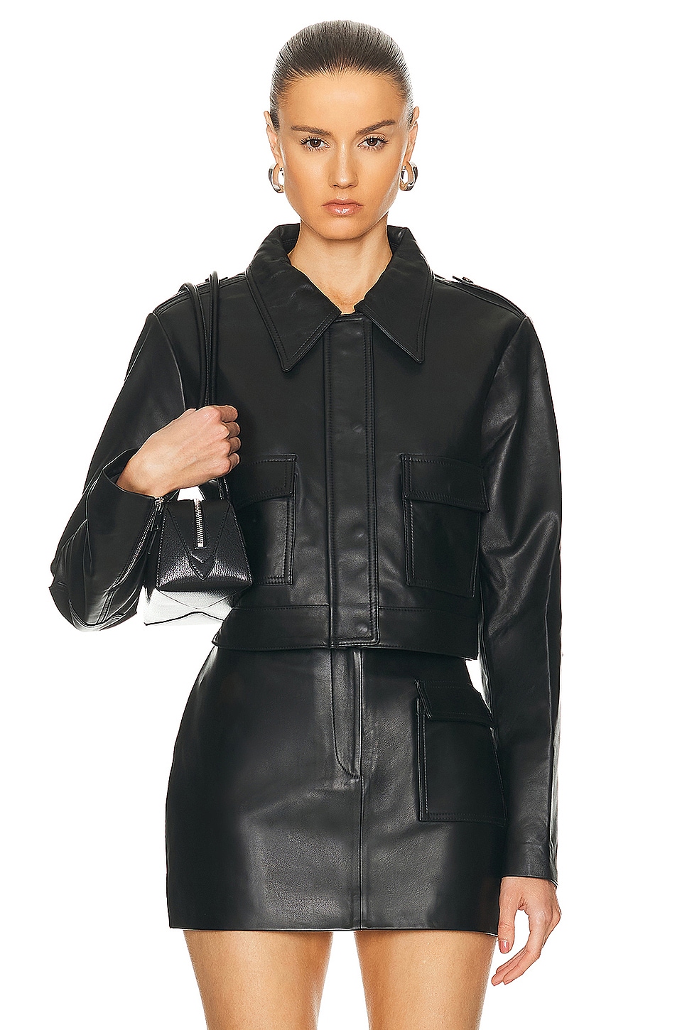 Image 1 of AEXAE Leather Cropped Jacket in Black