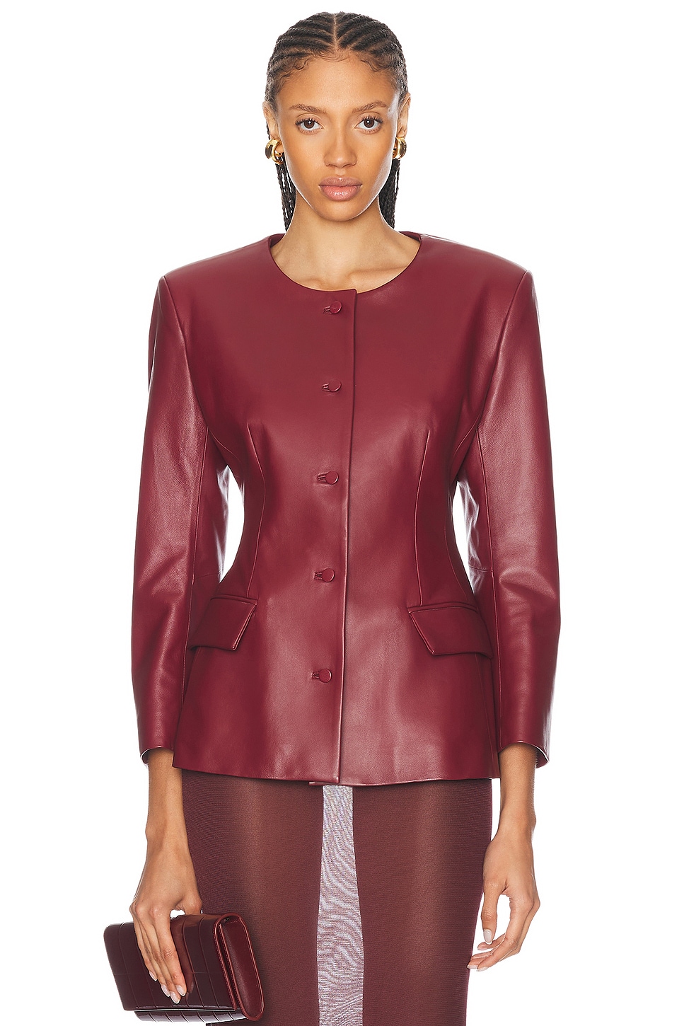 Image 1 of AEXAE Leather Padded Contoured Blazer in Deep Red