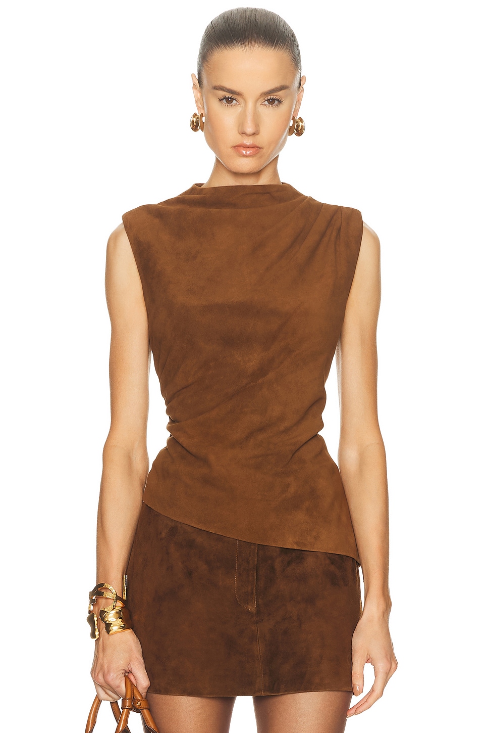 Image 1 of AEXAE x REVOLVE Leather Suede Ruched Top in Chestnut Brown