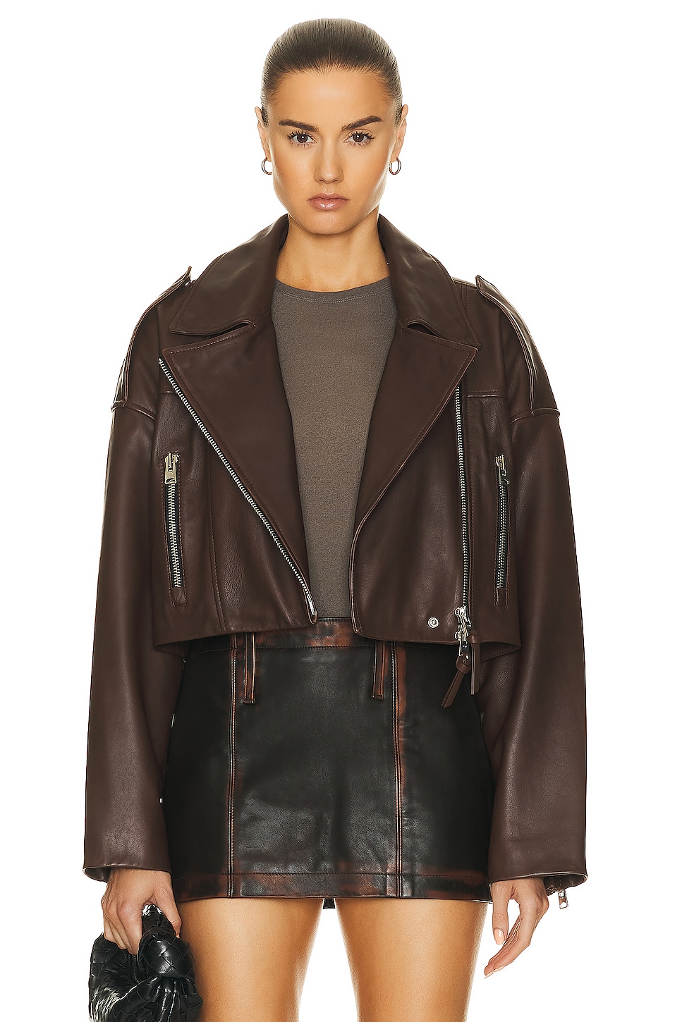 Image 1 of AGOLDE X Shoreditch Ski Club Remi Cropped Biker Leather Jacket in Cola