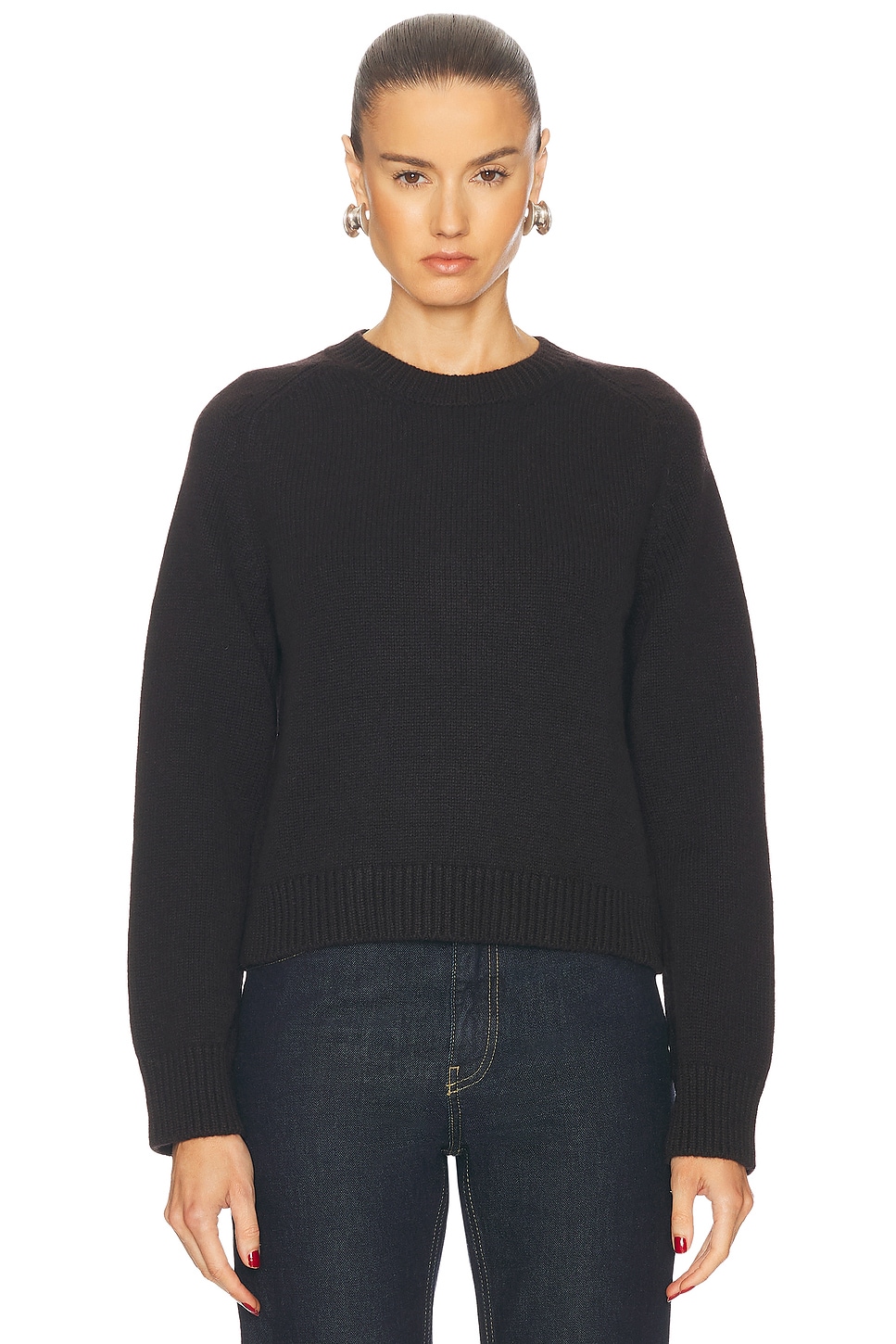 Plain Saddle Sleeve Crewneck Sweater in Brown