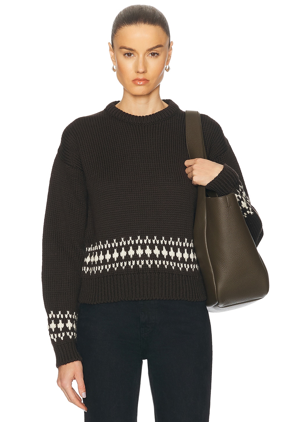 Fairisle Bottom Cropped Crewneck Sweater in Brown