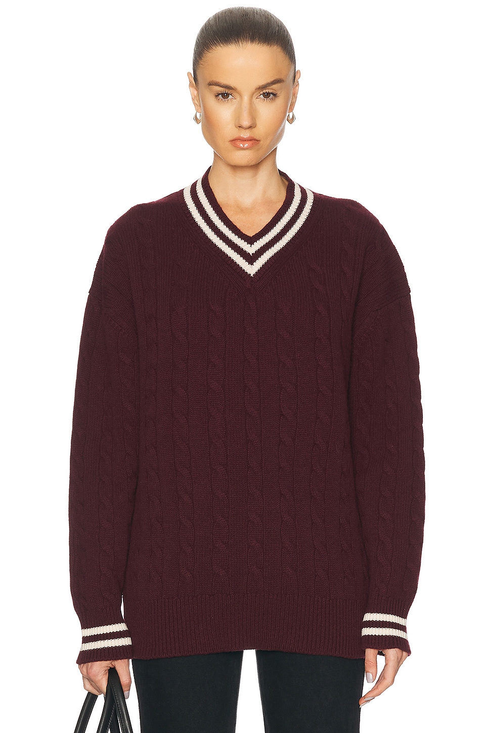 Slouchy Cricket V-Neck Cable Sweater in Burgundy