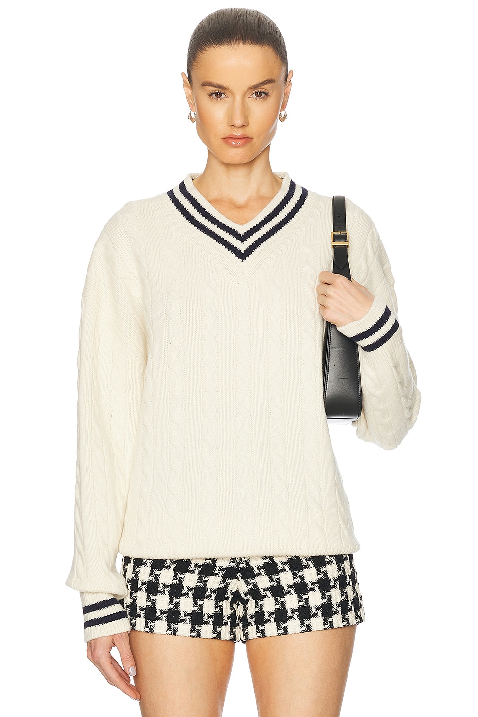 Slouchy Cricket V-Neck Cable Sweater in Ivory