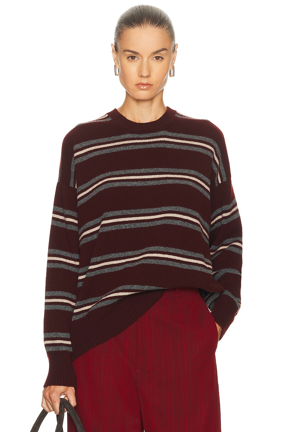 Image 1 of &Daughter Innes Stripe Slouch Crewneck in Burgundy, Grey, & Oat Stripe