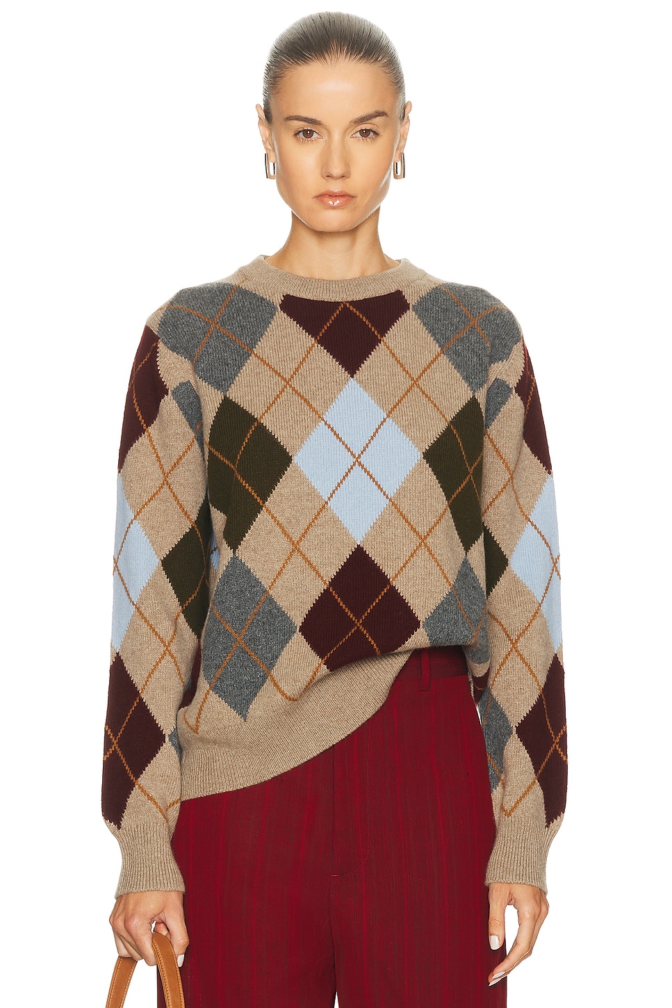 Image 1 of &Daughter Argyle Slouch Crewneck in Natural & Burgundy