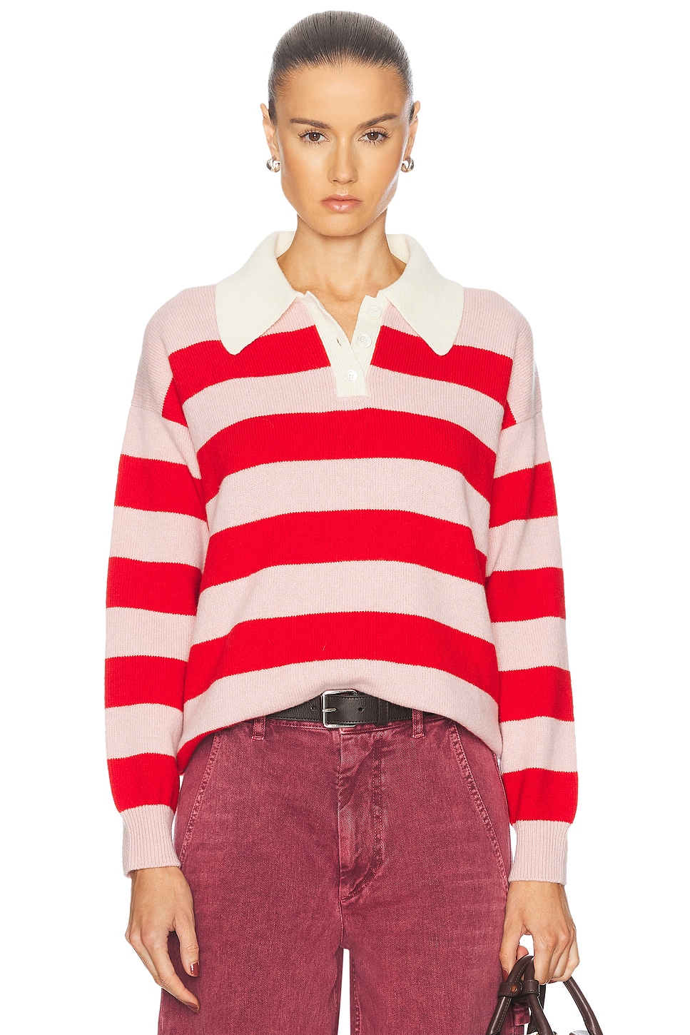 Edith Stripe Polo Sweater in Red