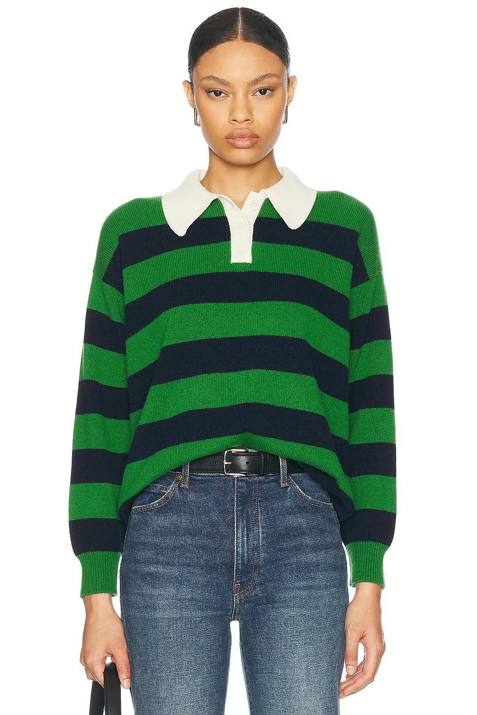 Shop And-daughter Edith Stripe Polo Sweater In Pagoda Green & Navy