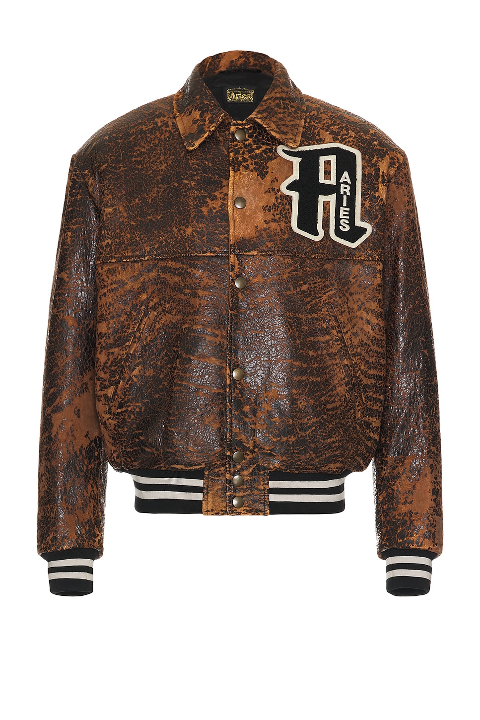 Image 1 of Aries Distressed Leather Letterman Jacket in Brown