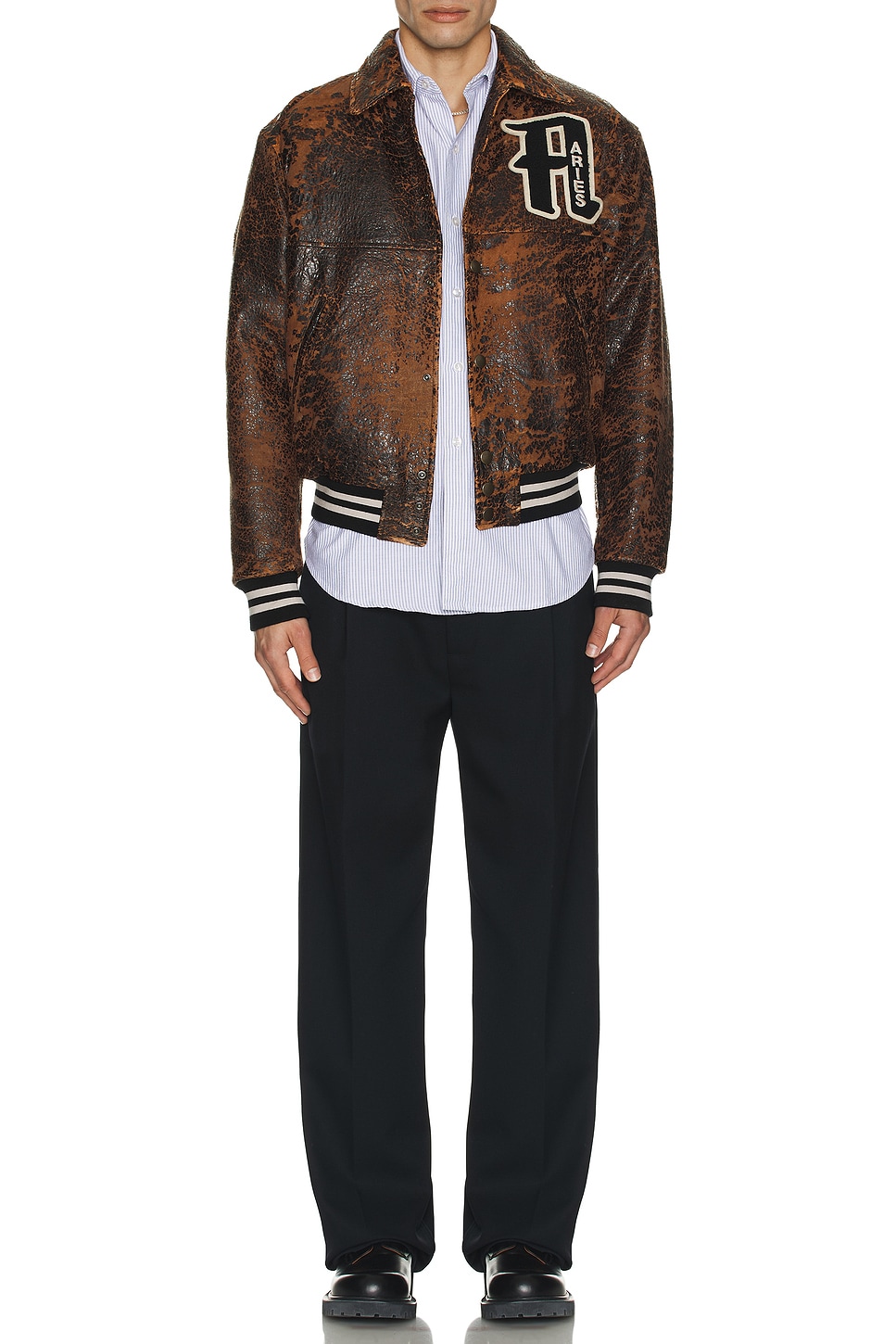 Image 1 of Aries Distressed Leather Letterman Jacket in Brown
