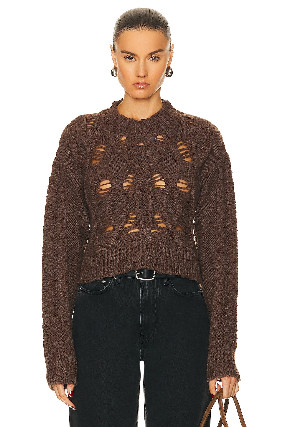 Crop Cable Sweater in Brown