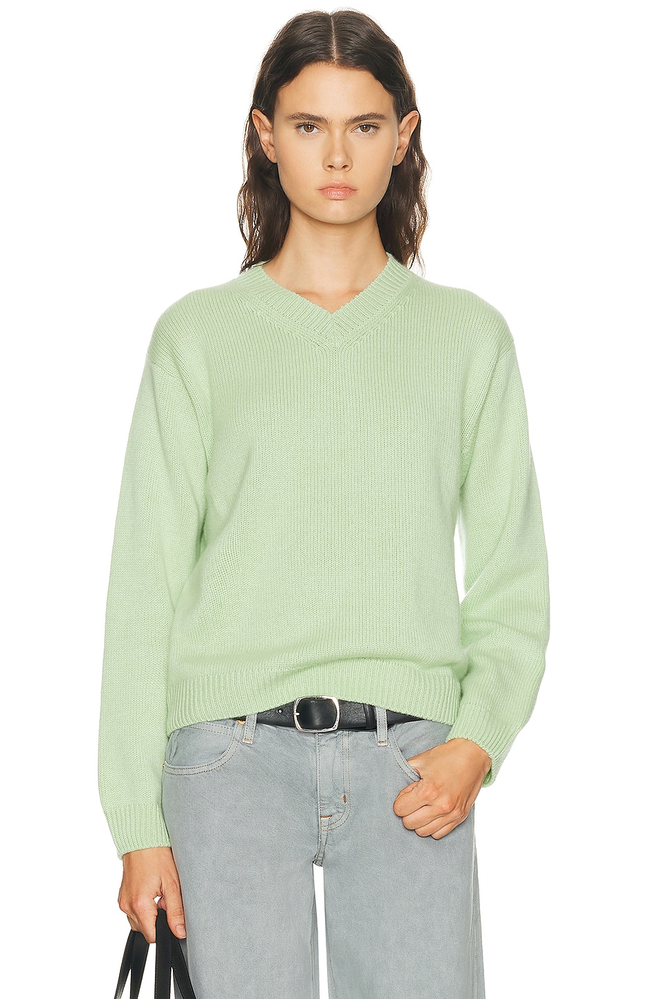 Image 1 of Amiya Nevia Cashmere V-Neck Sweater in Light Green