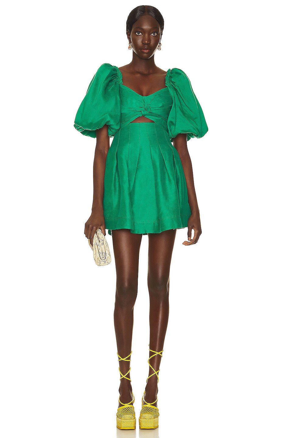 Image 1 of Aje Dusk Knot Puff Sleeve Mini Dress in Emerald Green