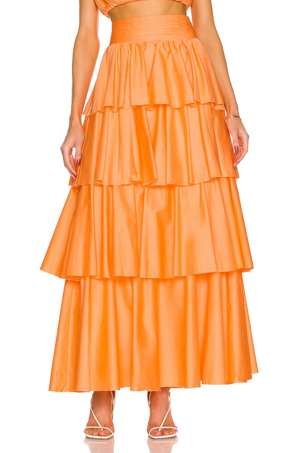 Image 1 of Aje Medina Tiered Midi Skirt in Neon Orange