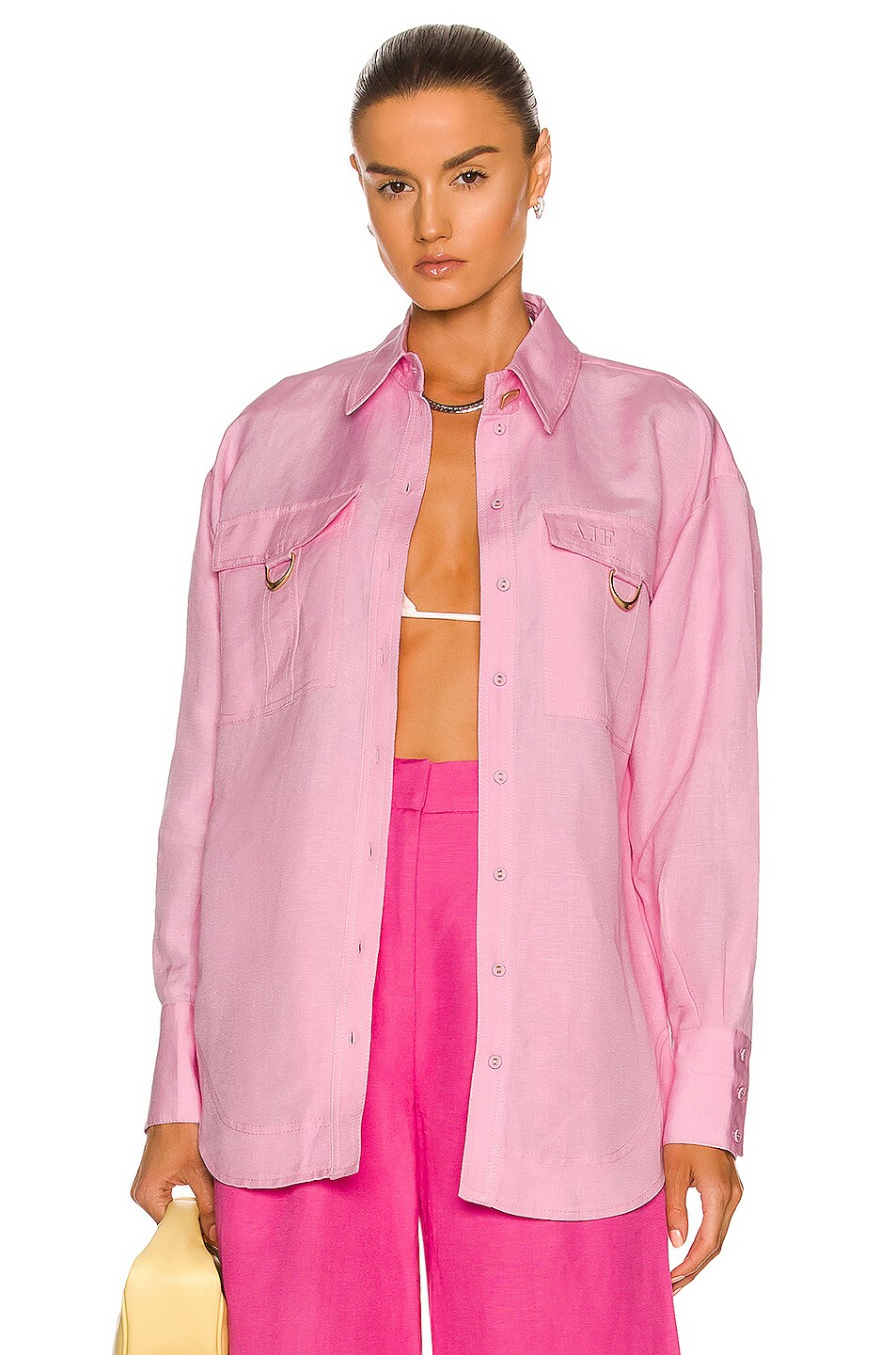 Image 1 of Aje Vista Long Sleeve Pocket Shirt in Bon Bon Pink