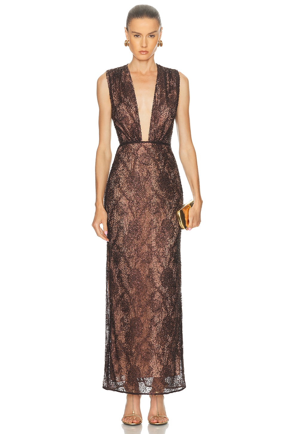 Image 1 of AKNVAS Leo Beaded Gown in Chocolate