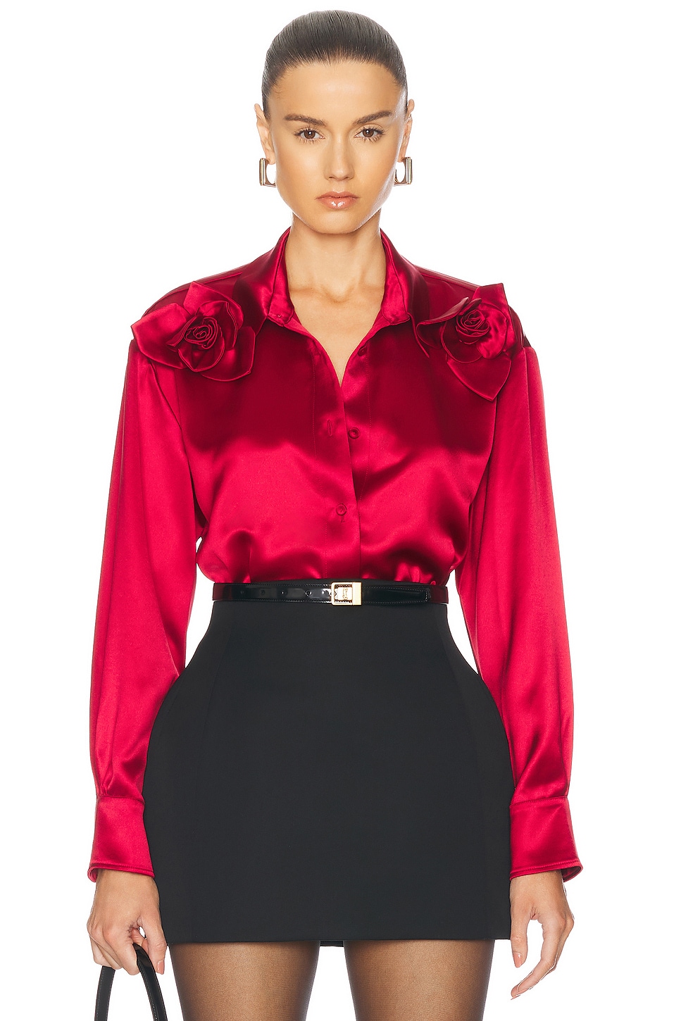 Flor Satin Two Roses Button Down Shirt in Red