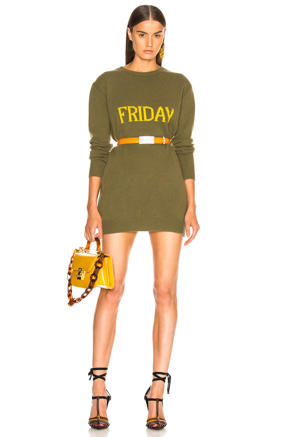 Image 1 of ALBERTA FERRETTI Friday Crewneck Sweater Dress in Khaki & Light Green