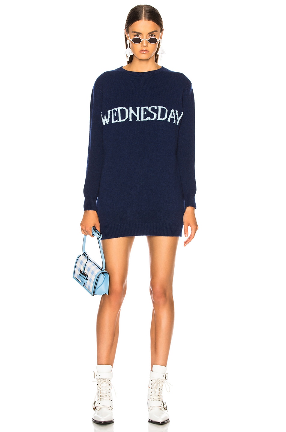 Image 1 of ALBERTA FERRETTI Wednesday Crewneck Sweater Dress in Indigo & Light Blue