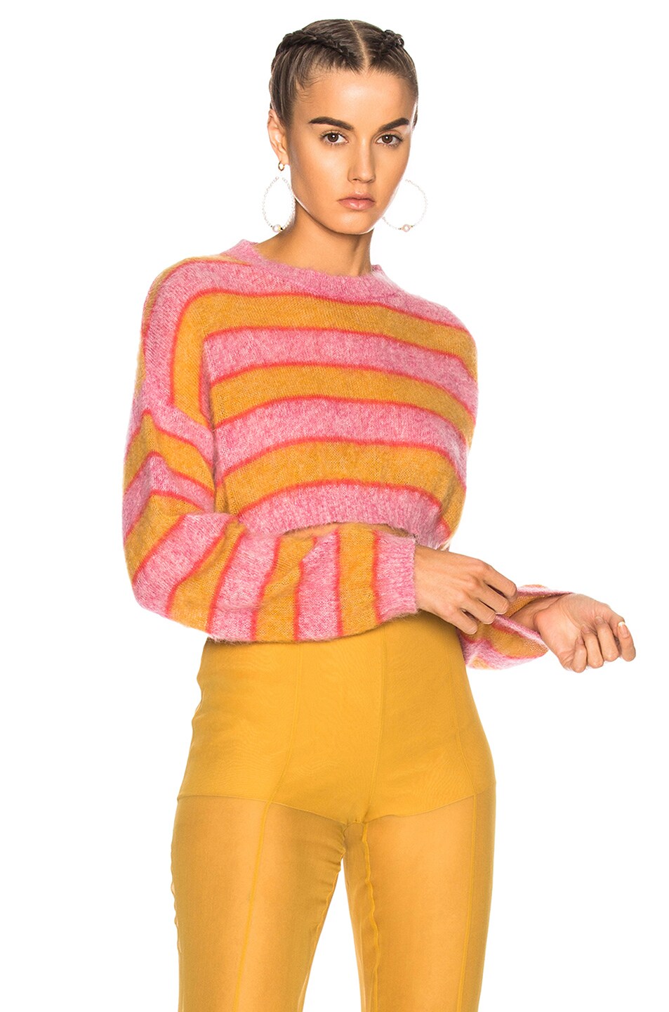Image 1 of ALBERTA FERRETTI Striped Cropped Crewneck Sweater in Pink & Yellow
