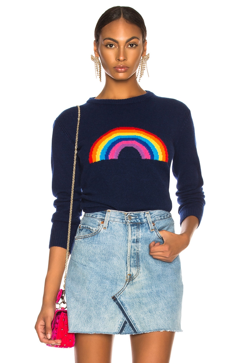 Image 1 of ALBERTA FERRETTI Rainbow Crewneck Sweater in Navy & Multicolor