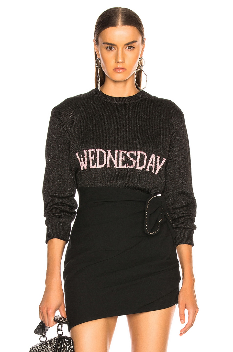 Image 1 of ALBERTA FERRETTI Wednesday Lurex Crewneck Sweater in Black & Light Pink