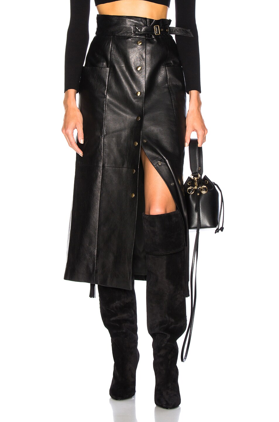 Image 1 of ALBERTA FERRETTI Button Front Leather Midi Skirt in Black