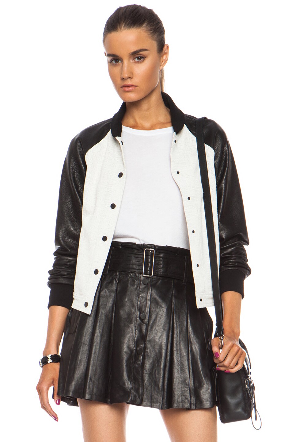 Image 1 of A.L.C. Sons Viscose-Blend and Leather Bomber in White