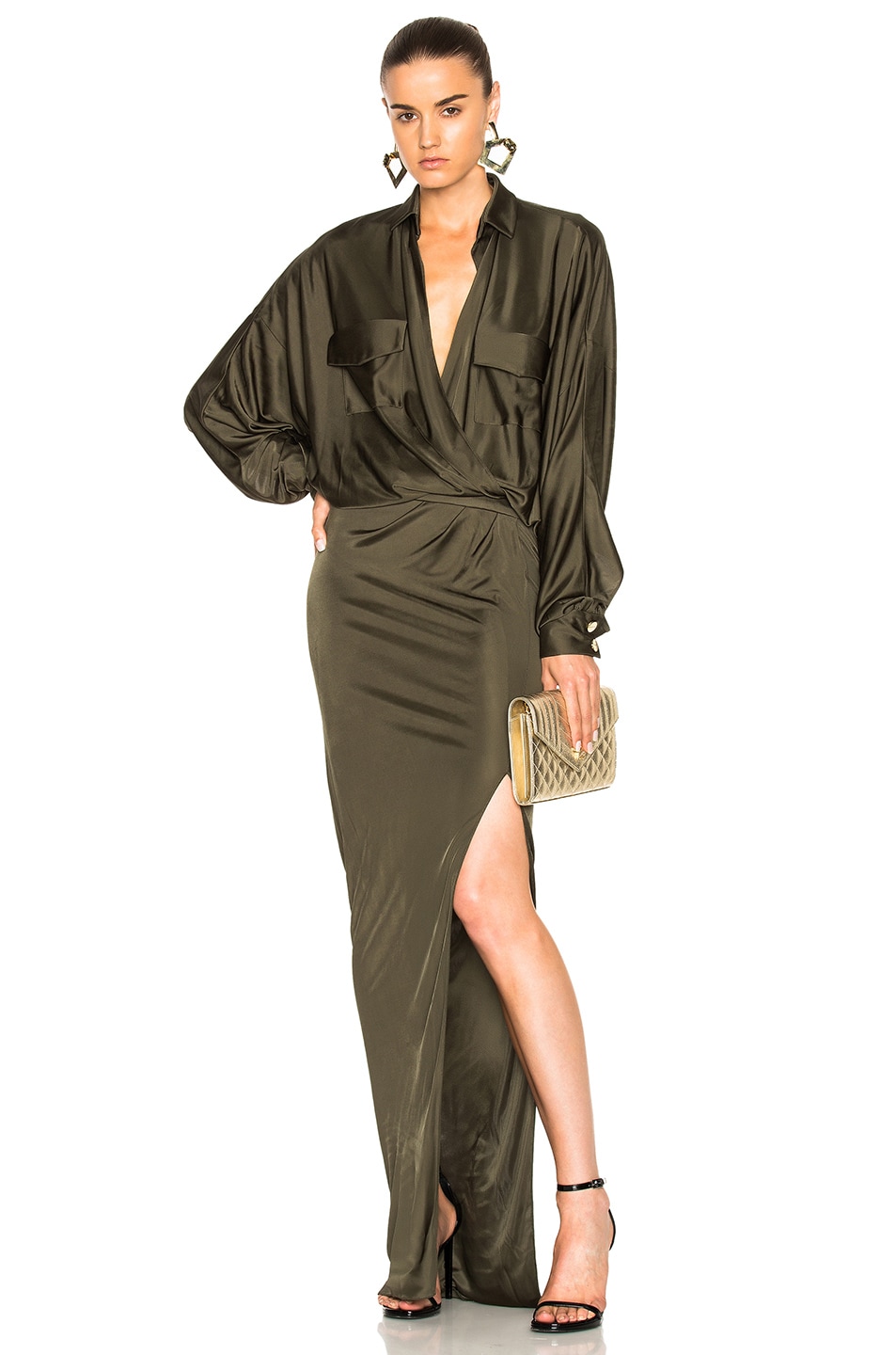 Image 1 of Alexandre Vauthier Shiny Jersey Long Sleeve Maxi Dress in Khaki