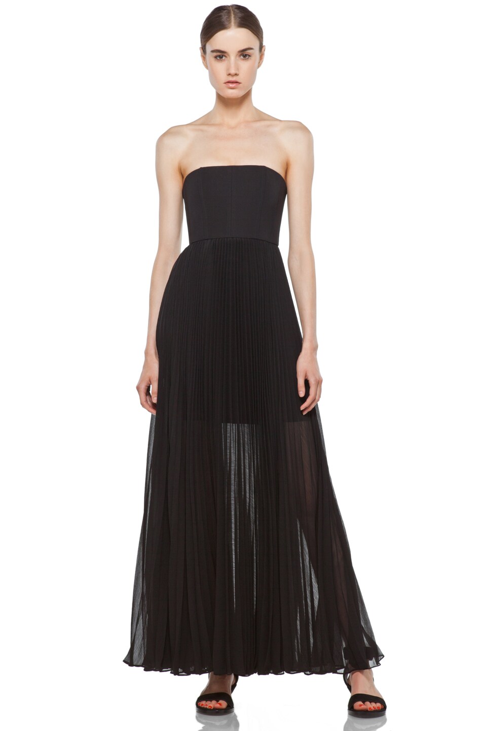 Image 1 of Alice + Olivia Strapless Pleated Maxi Dress in Black