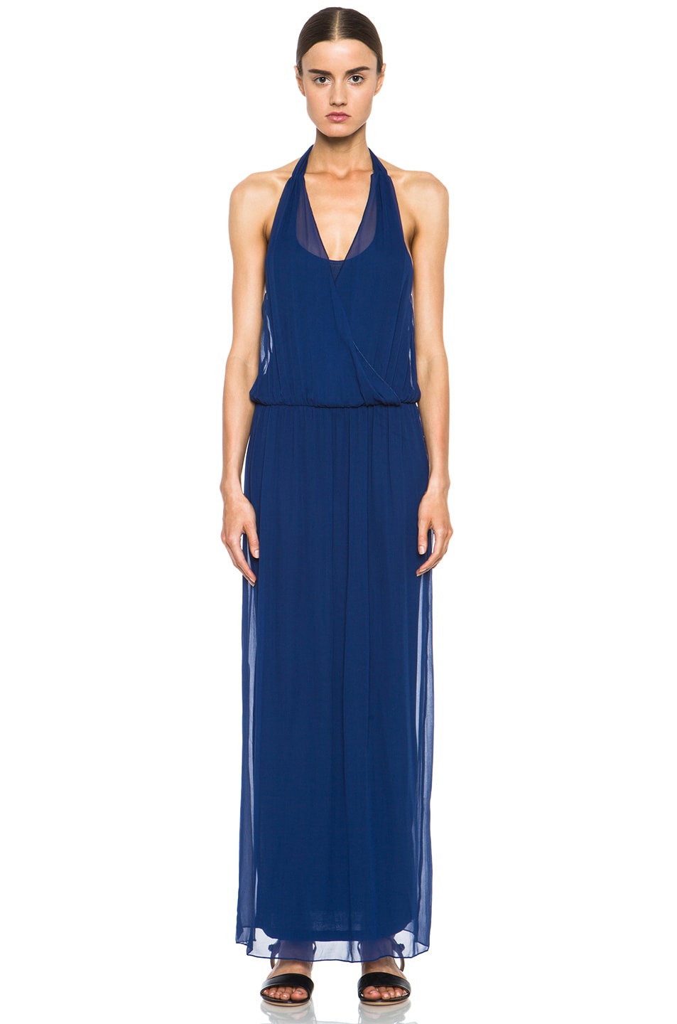 Image 1 of Alice + Olivia Mora Wrap-Front Halter Dress in Midnight Blue